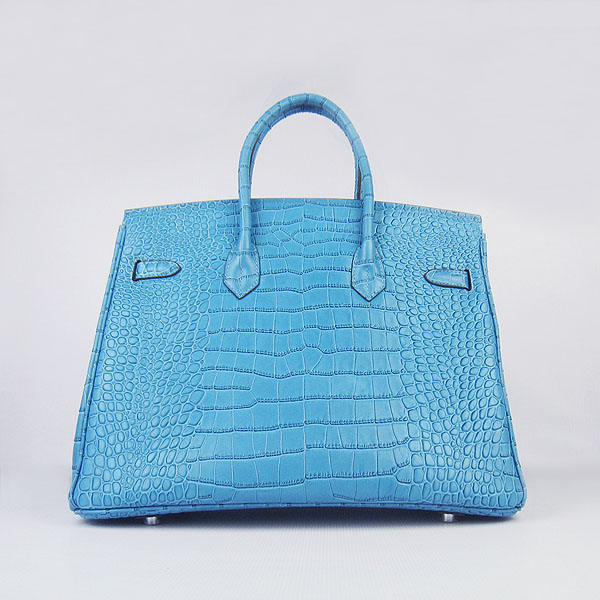 High Quality Fake Hermes Birkin 35CM Crocodile Veins Leather Bag Blue 6089